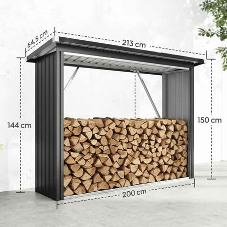 Abri à bois extérieur en acier gris foncé de 213 cm avec toit incliné, conçu pour stocker du bois de manière protégée.