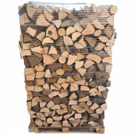 Bois de chauffage sec de 30 cm, palette de 2 m³, chêne, hêtre, charme, frêne, prêt à brûler, par Briand Combustibles.