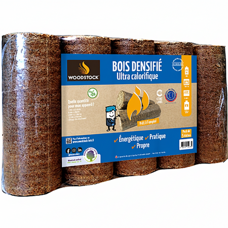 Palette de 104 packs de bois densifié Briand combustibles, bûches haute performance pour cheminée et chauffage.