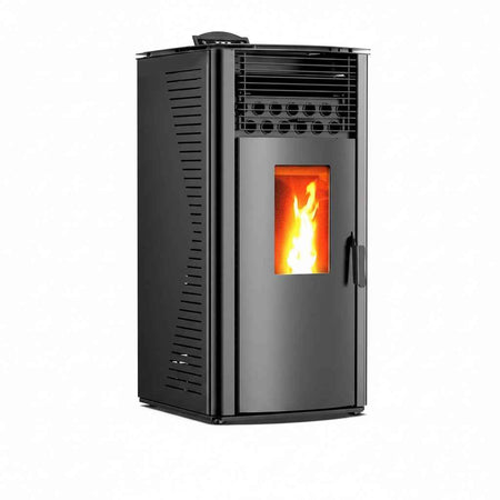 Poêle à granulés Briand combustibles Garen Black 15 kW Wi-Fi avec kit de raccordement, finition noire et écran de contrôle.