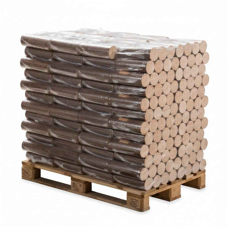 Bûches compressées en bois de hêtre Briand Combustibles, diamètre 10 cm, sur palette de 960 kg, bois densifié pour chauffage.